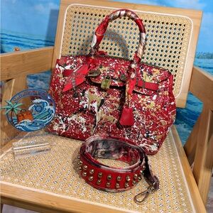 Anca Barbu Red leather handbag, hand painted one of a kind with strap